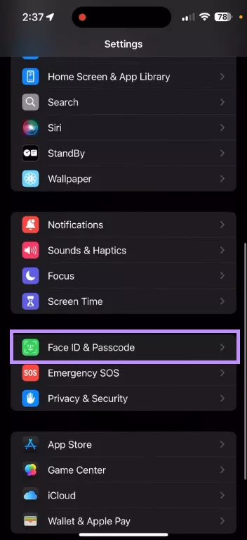 select face id & passcode iphone
