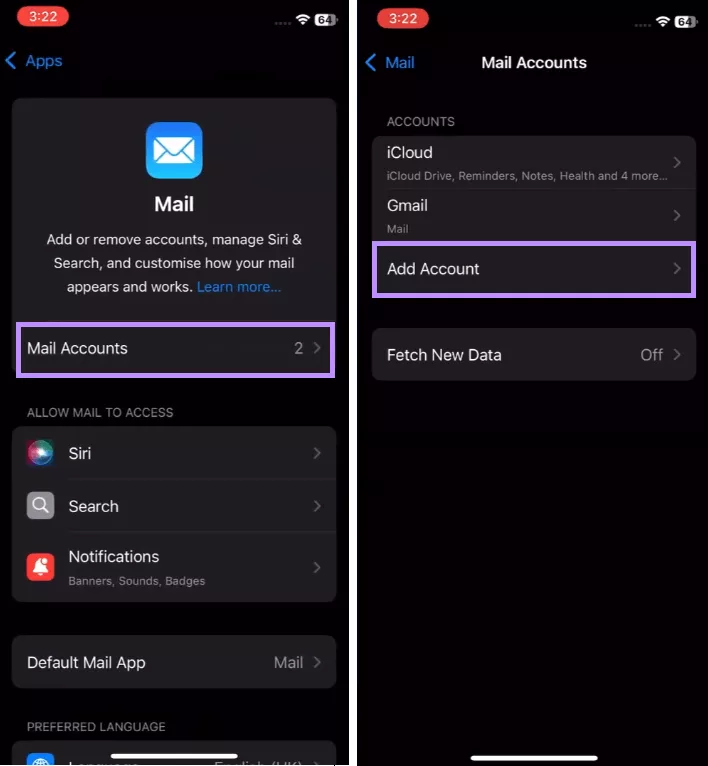 tap add account under mail accounts iphone