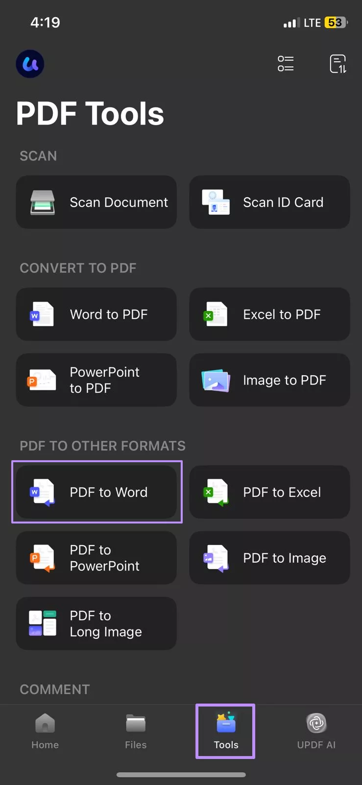 Image Alt: open pdf to word feature updf ios