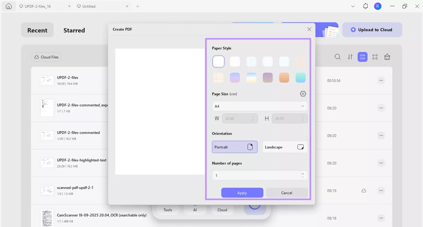 Alt-text: adjust and apply page settings to create a blank pdf updf windows