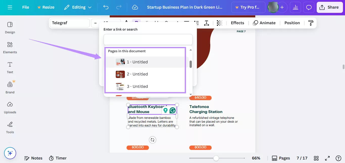 Alt-text: choose a page to link in pdf canva