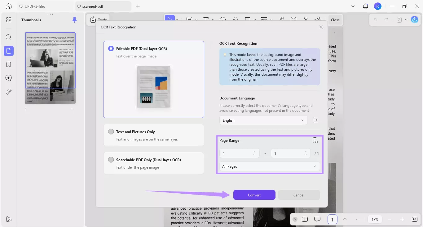 choose page range and click convert updf windows