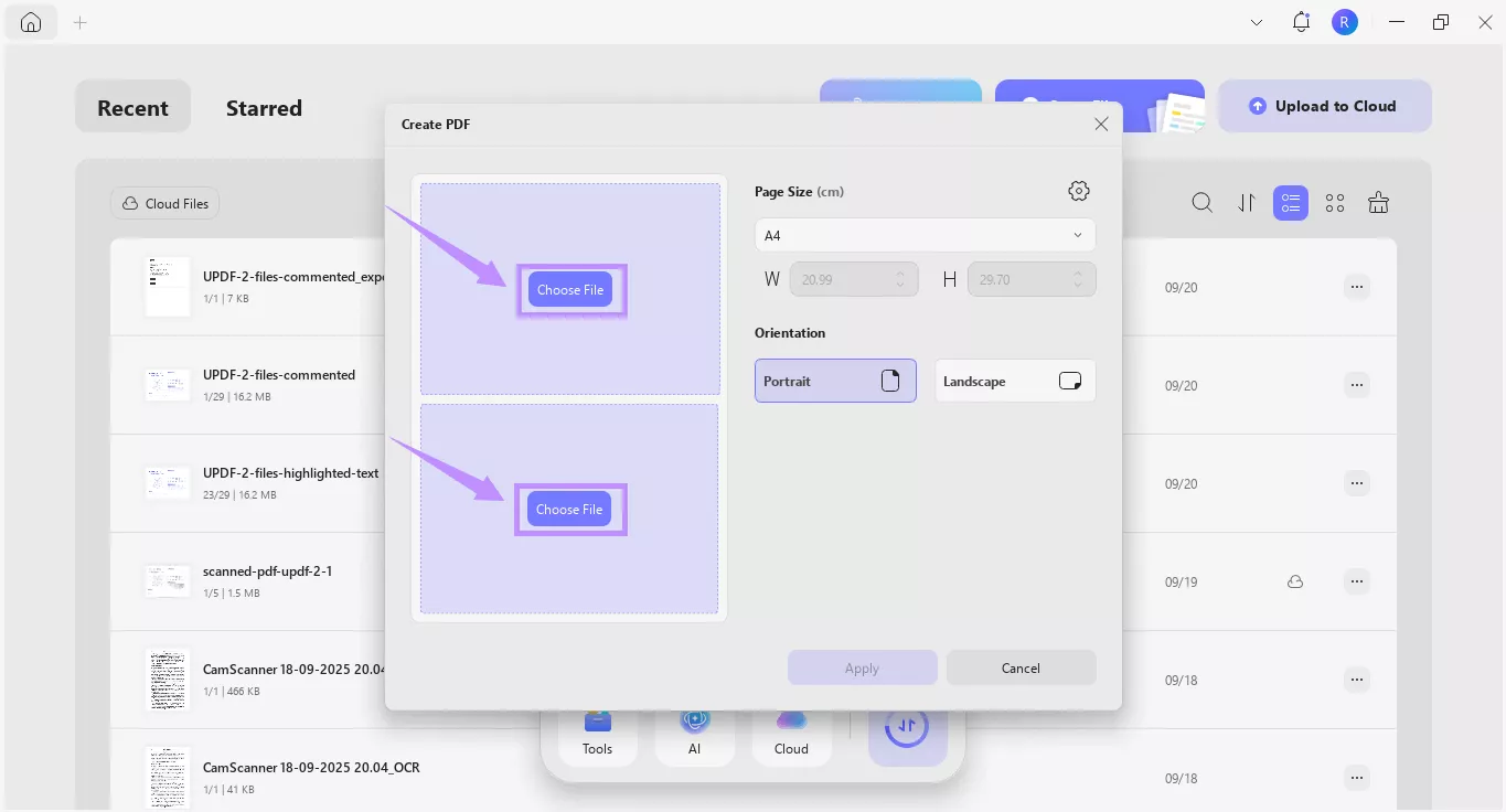Alt-text: click choose file for merging two images into one page pdf updf windows