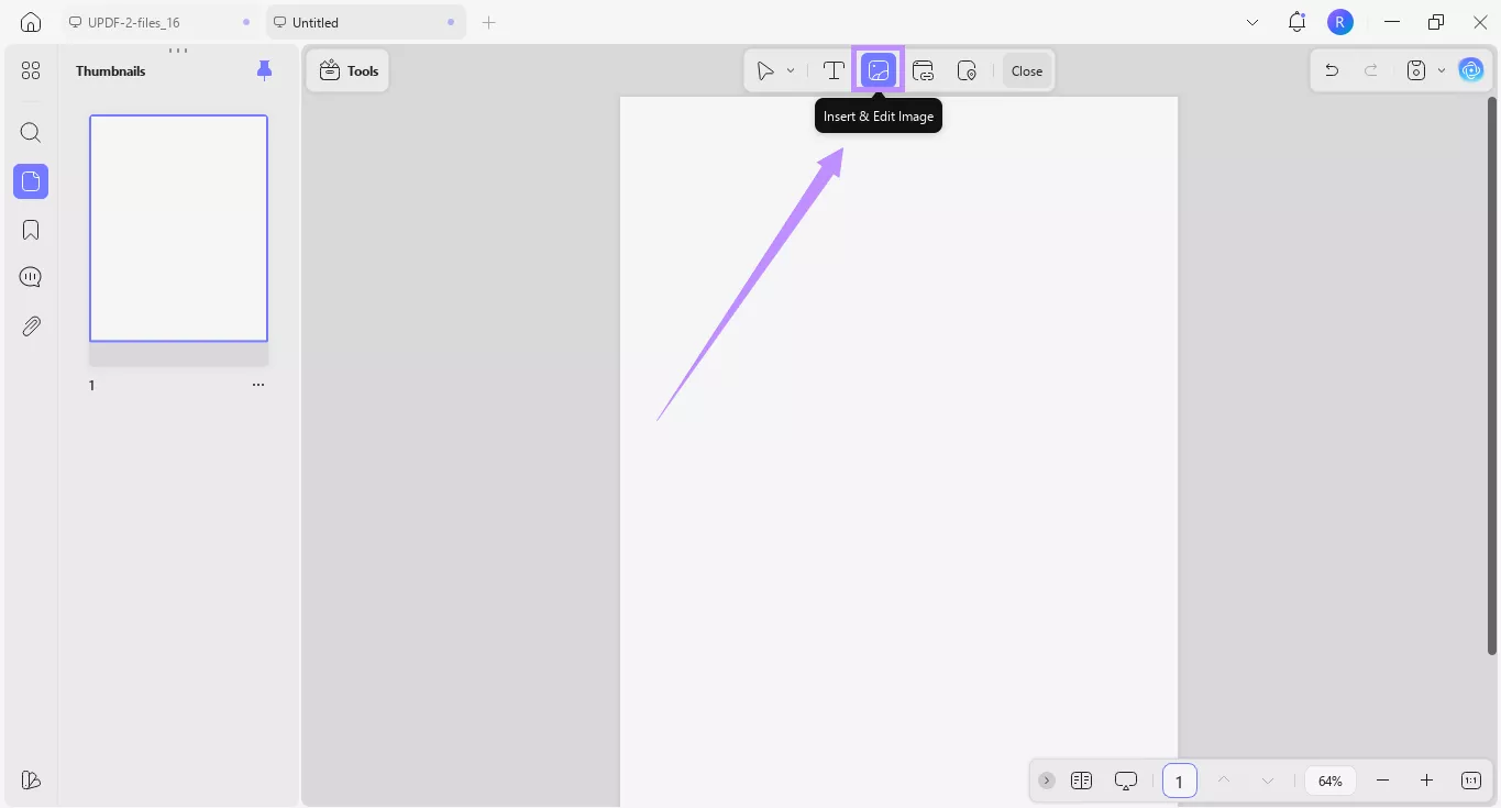 Alt-text: click on insert & edit image updf windows