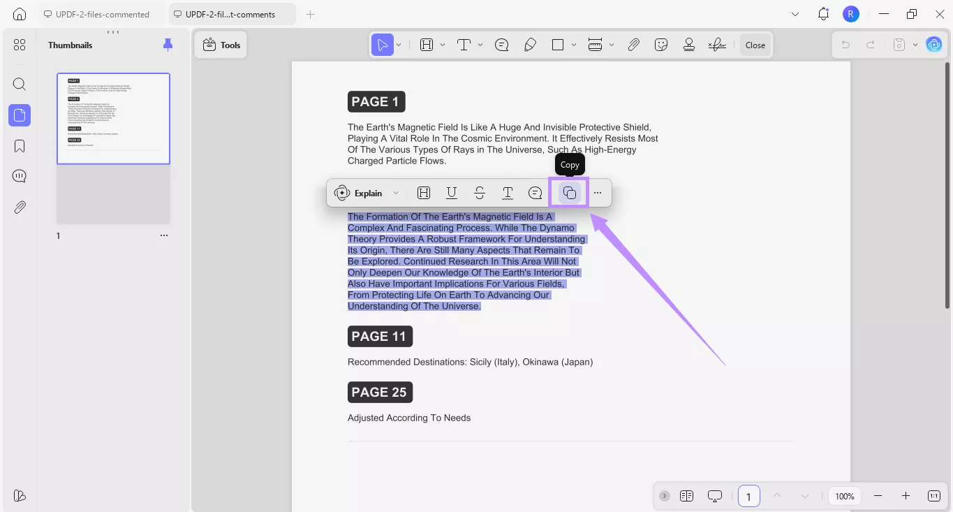 click the copy icon to copy the highlighted text updf windows