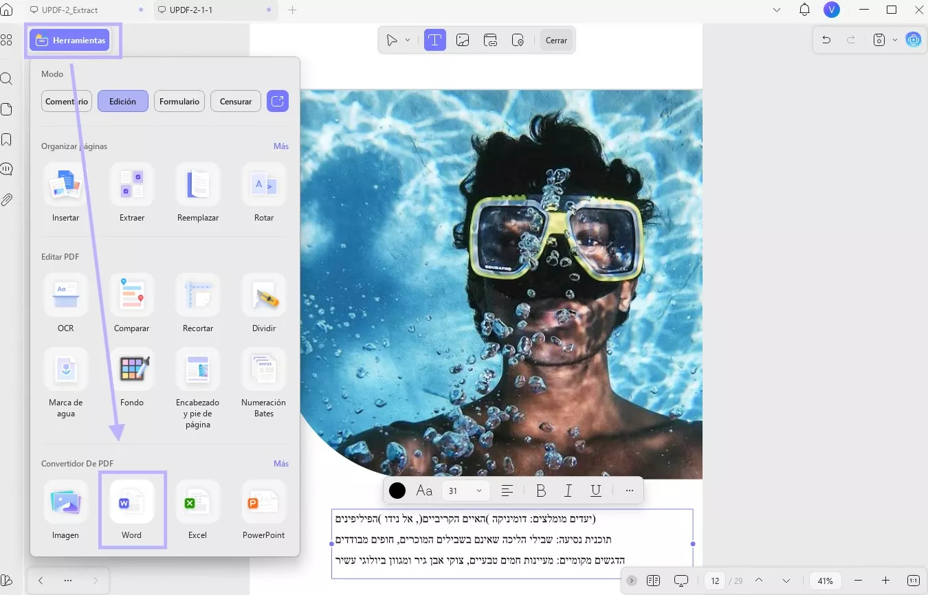 Convertir un PDF en hebreo a Word con UPDF en Windows
