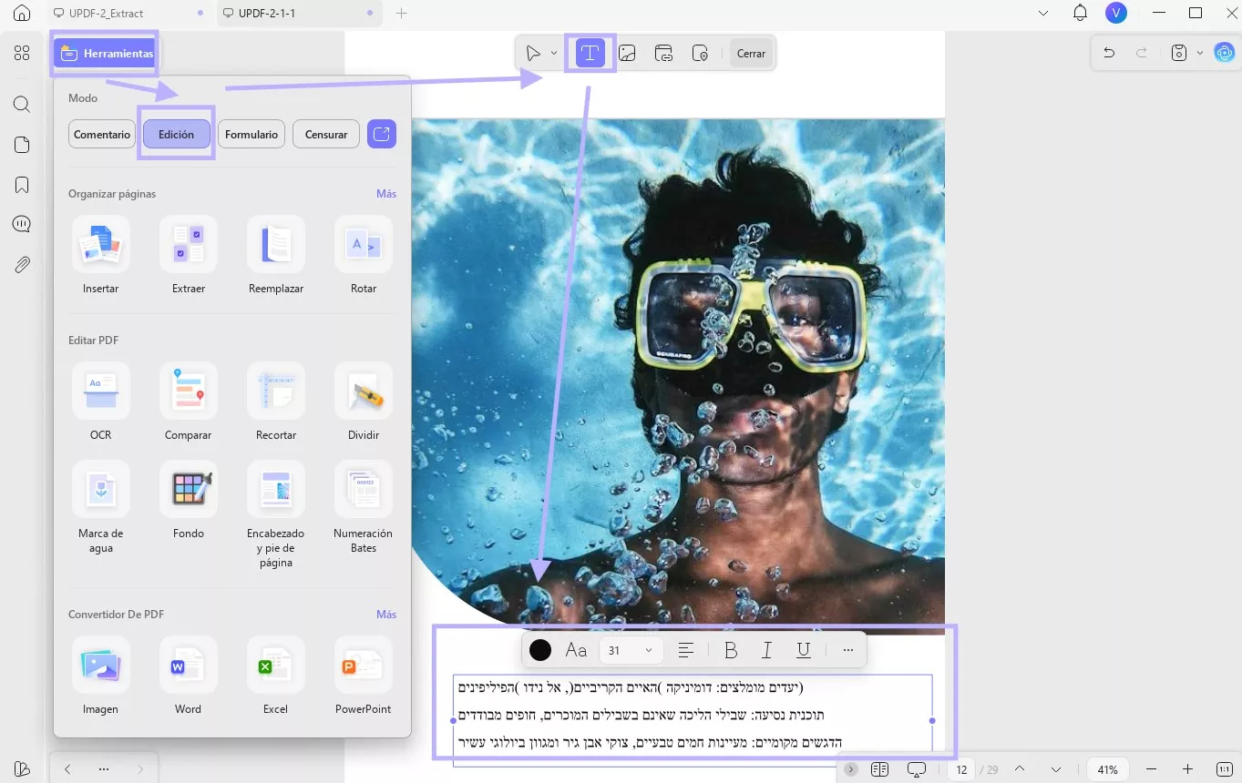 Editar texto en hebreo en un PDF con UPDF en Windows