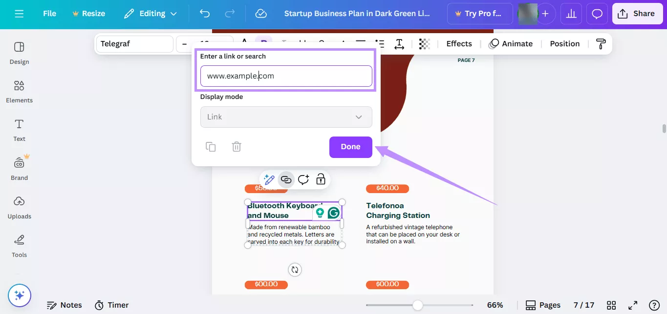 Alt-text: enter a website link to pdf and click done canva