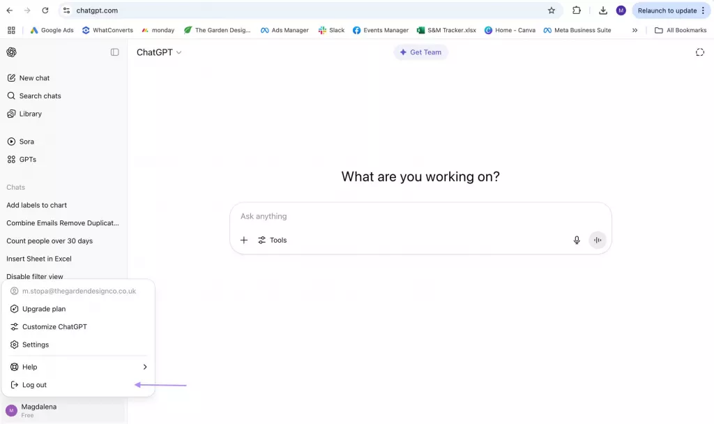 登出並重新登入 ChatGPT