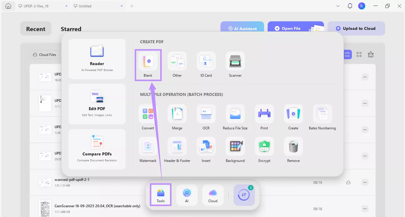 Alt-text: select blank under tools updf windows