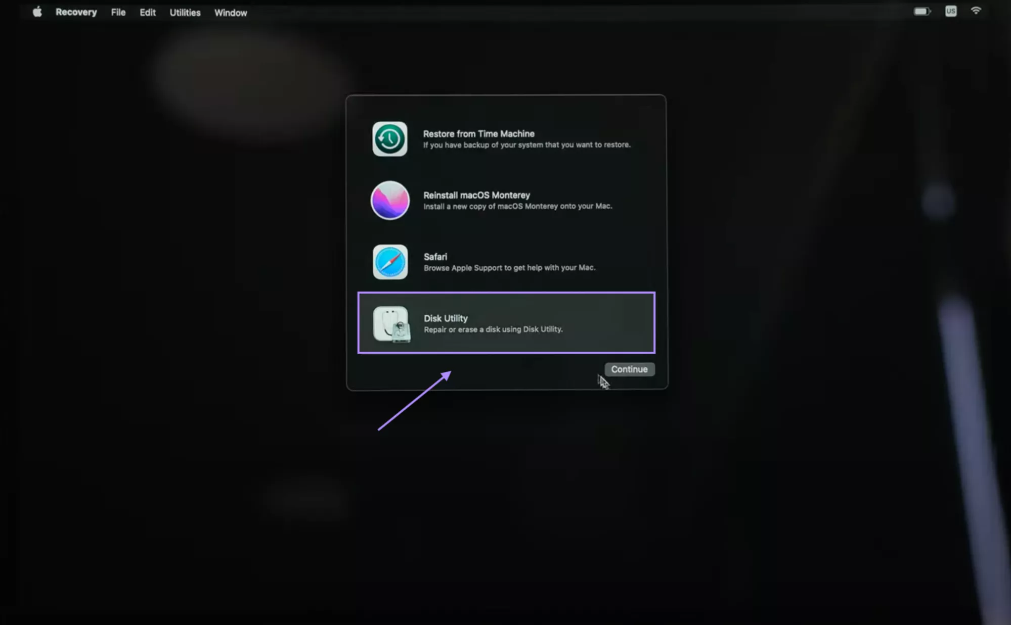 select disk utility from utility window mac
