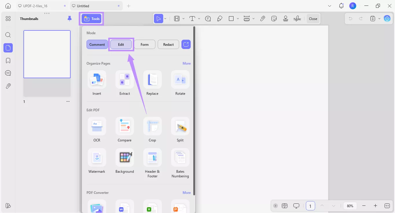 Alt-text: select edit under tools updf windows