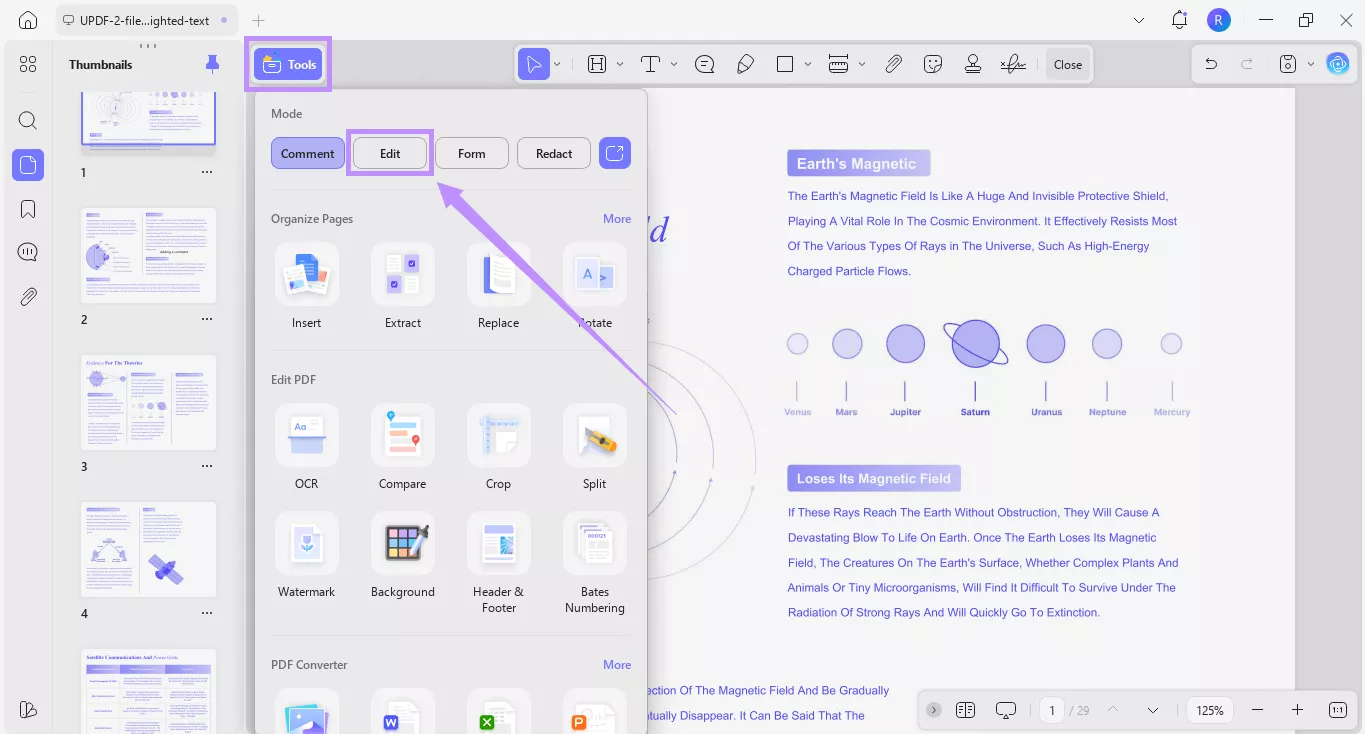 select edit under tools updf windows