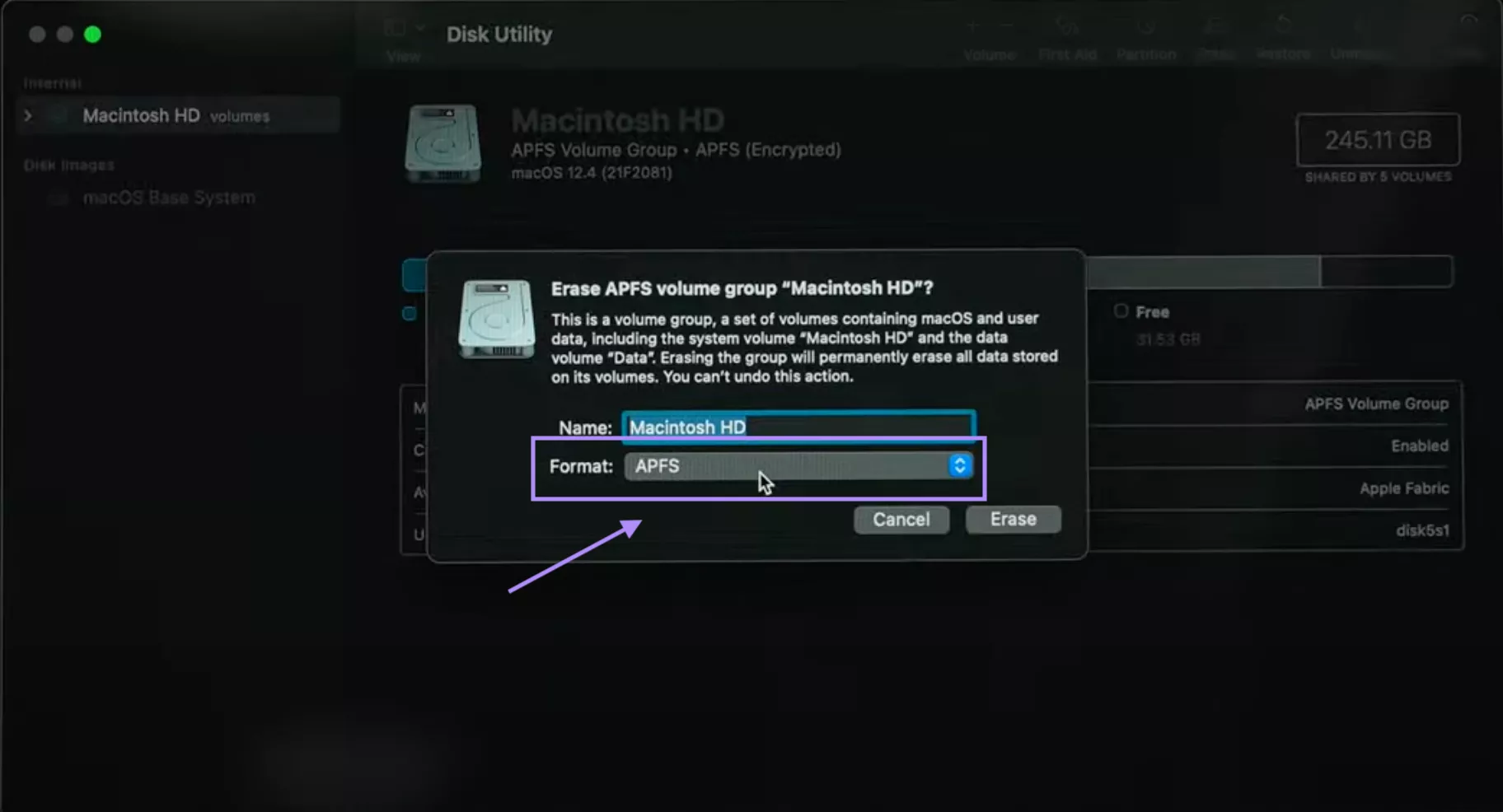 select format APFS to erase mac