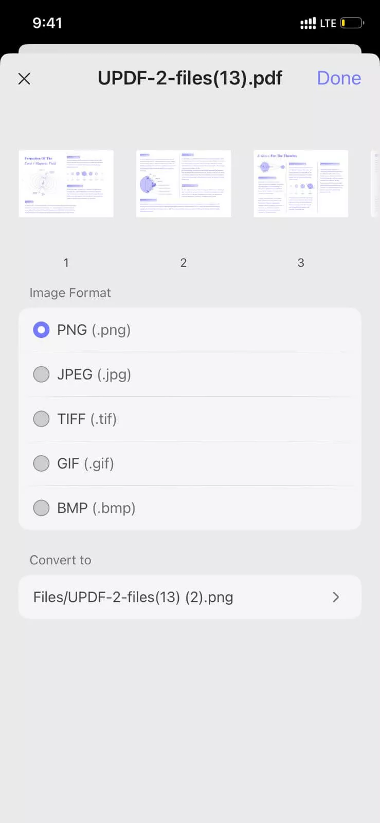Alt text: select image format and file location updf android