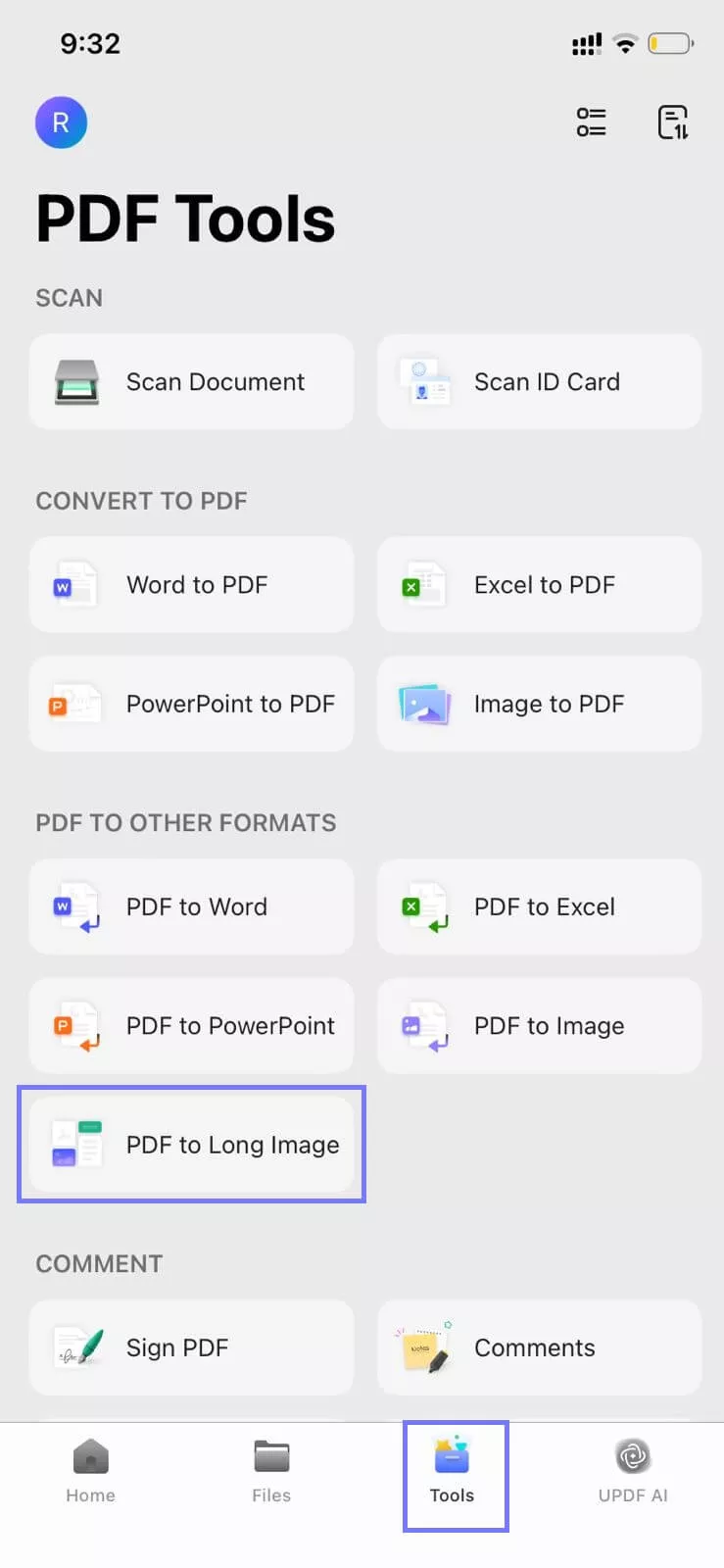 Alt text: select pdf to long image updf android