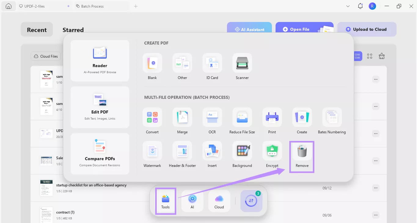select remove under tools updf windows