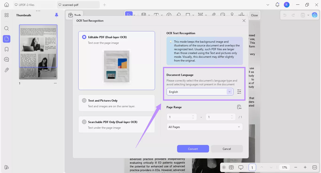 select the document language updf windows