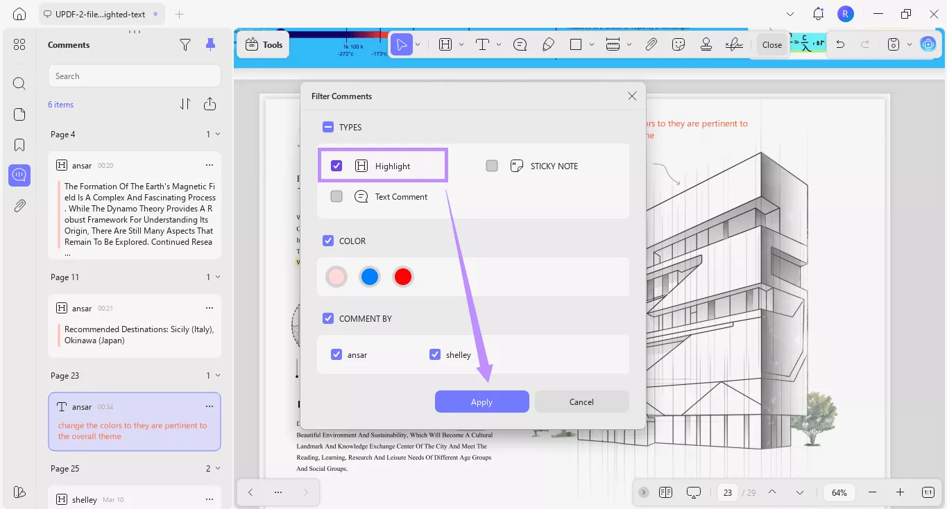 select to filter comments by highlight updf windows