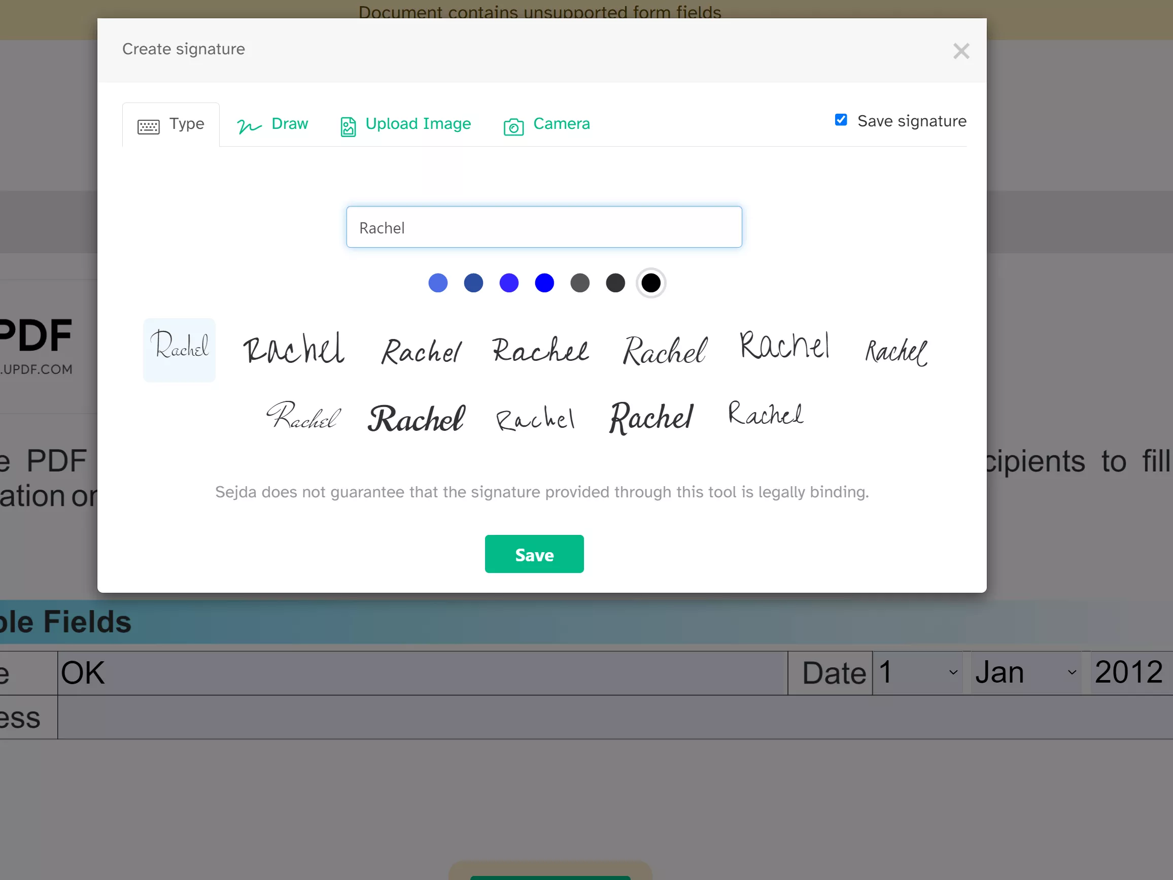 Type to create signature with sedja