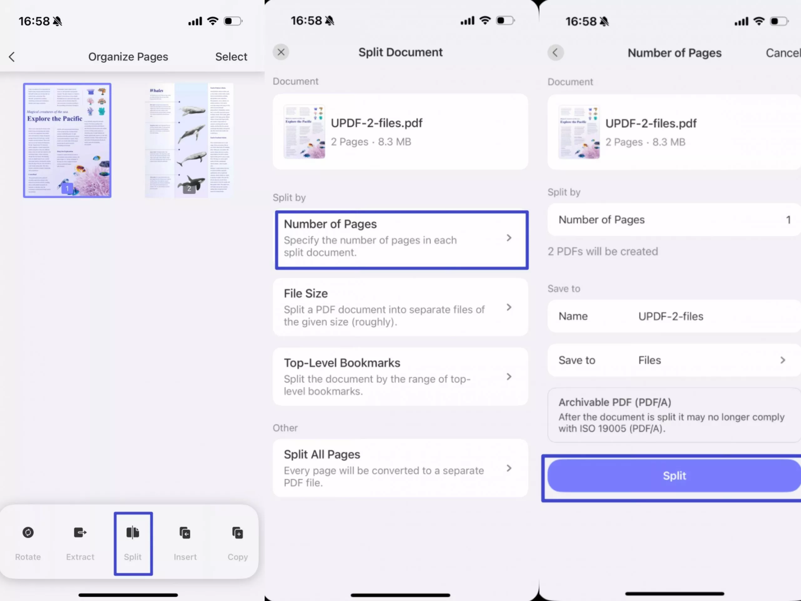 split by pages updf app