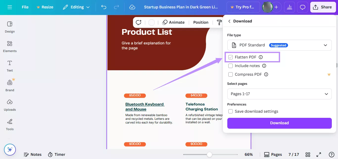 Alt-text: uncheck flatten pdf canva