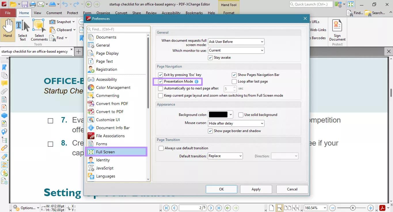 uncheck presentation mode under full screen pdf xchange editor