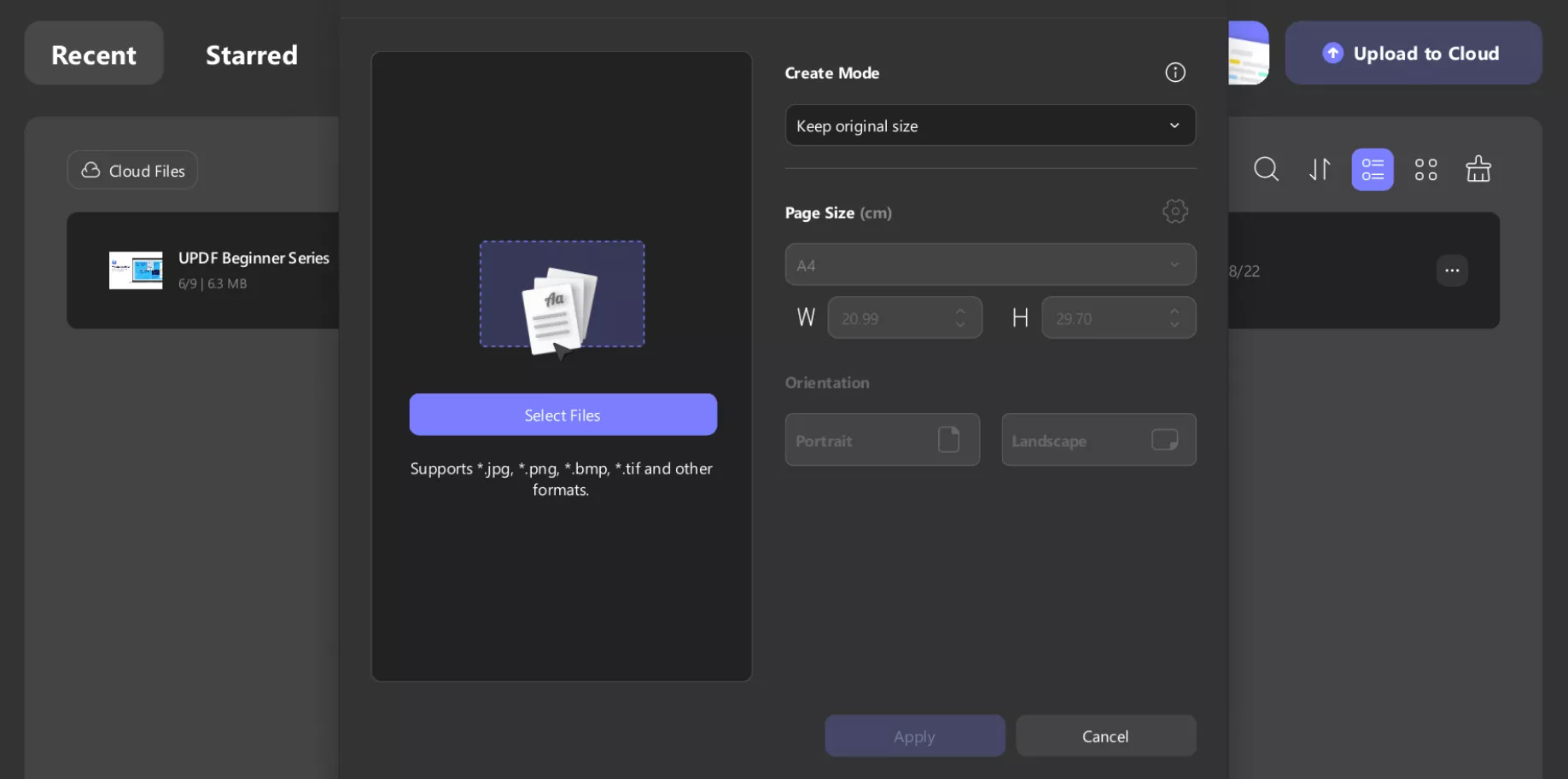 updf pop-up window with options to adjust page size, orientation, and margins