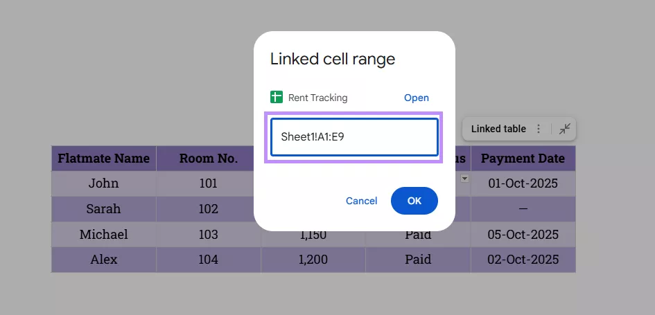 adjust the cell range for google sheets in google docs