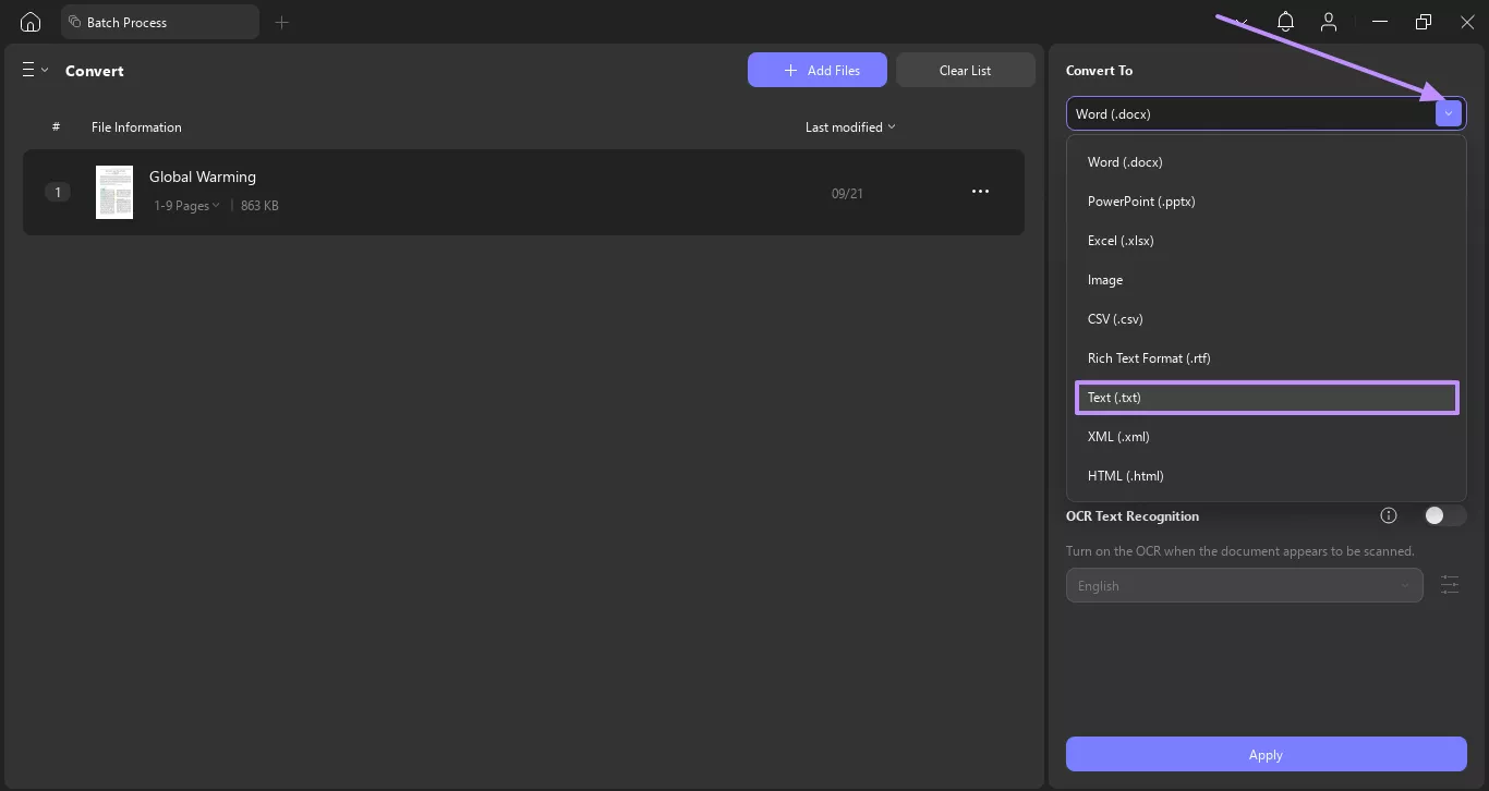 choose text as target format updf windows