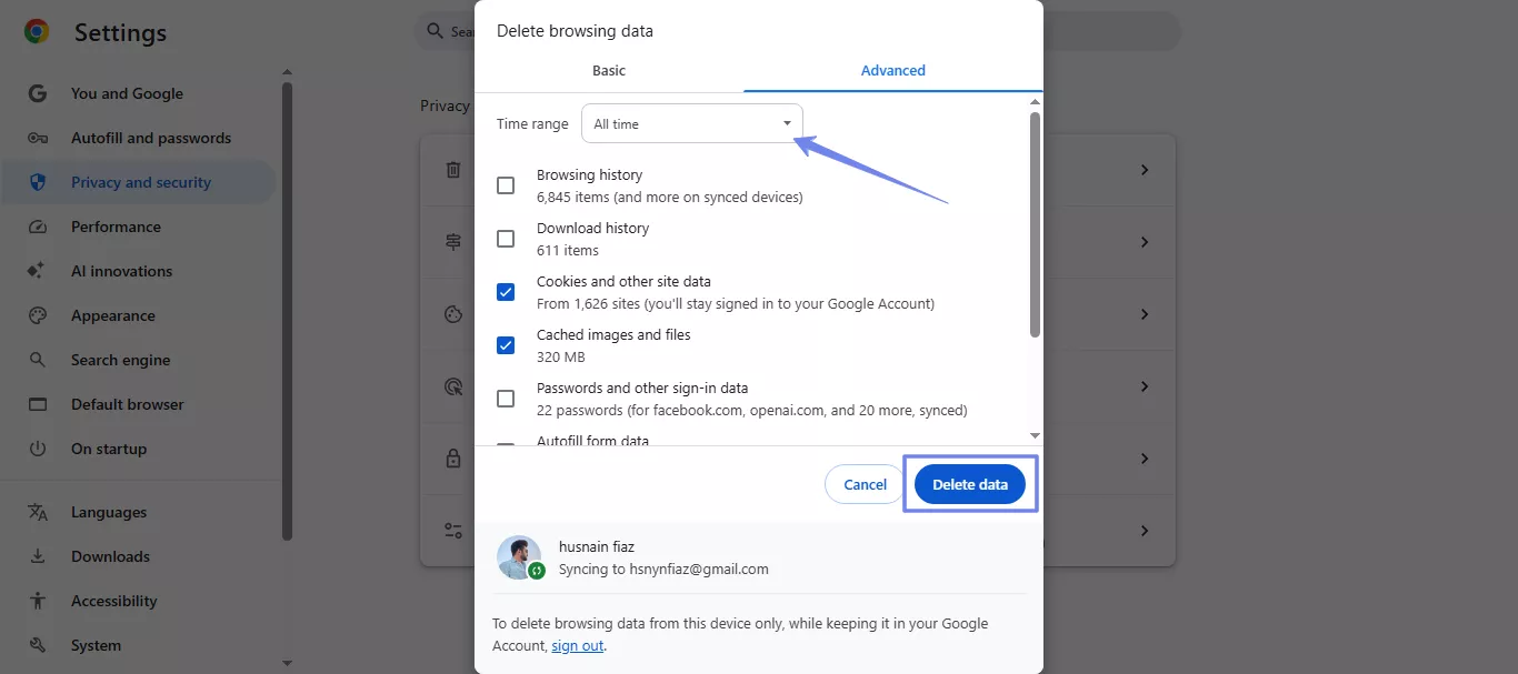 click delete data broswer