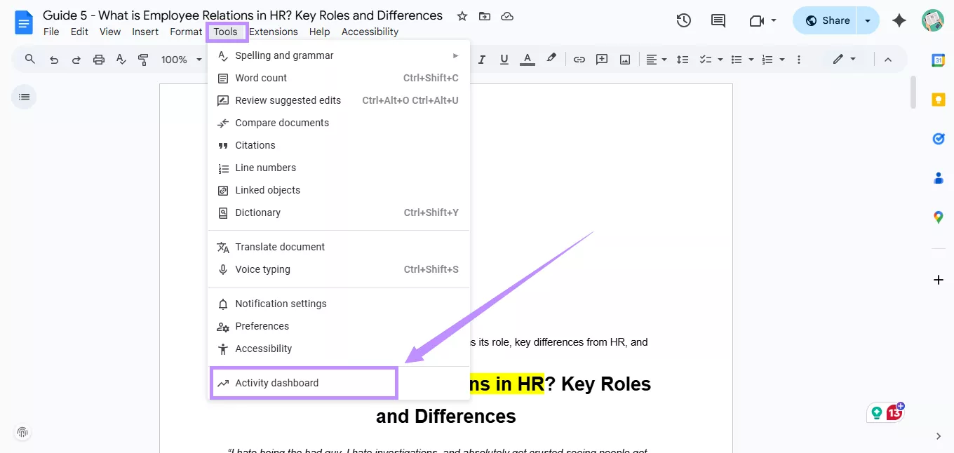 click on activity dashboard under tools google docs