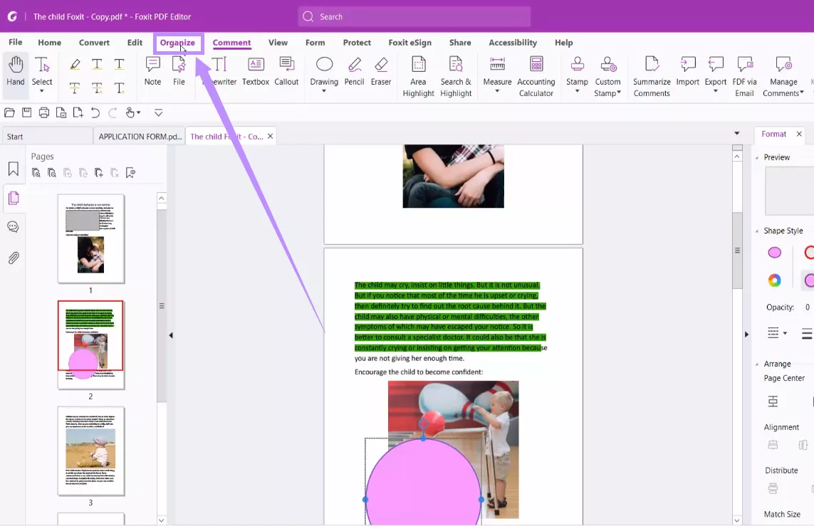 click the organize tab foxit