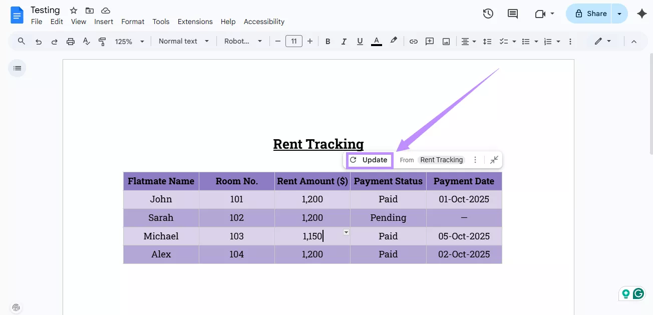 click update google sheet in google docs