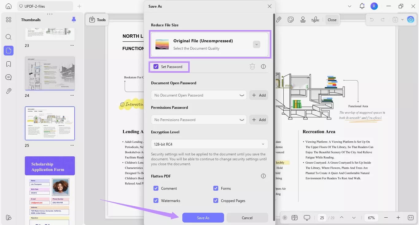 compress or set password and click save as updf windows