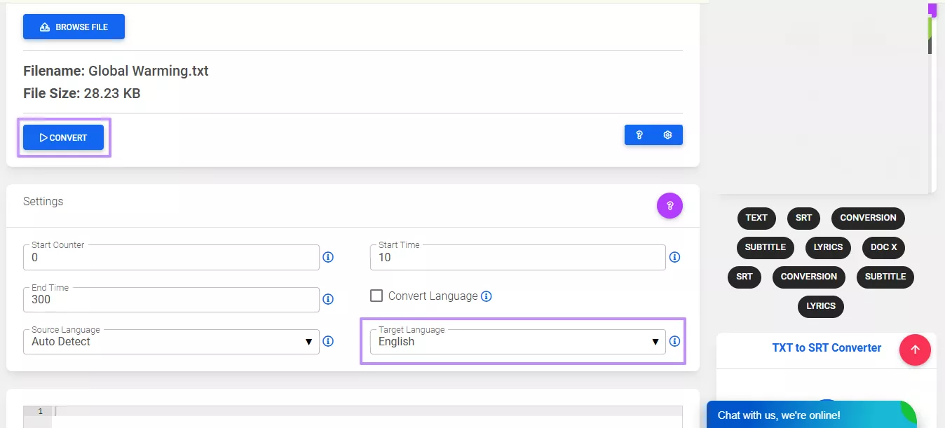 convert text file to srt toolslick