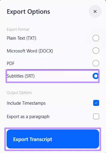 export transcribed file as srt 1transcribe