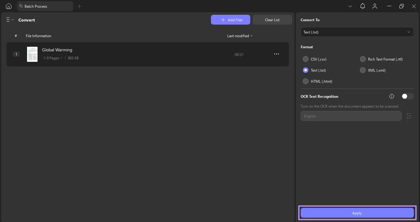 hit apply to start conversion updf windows