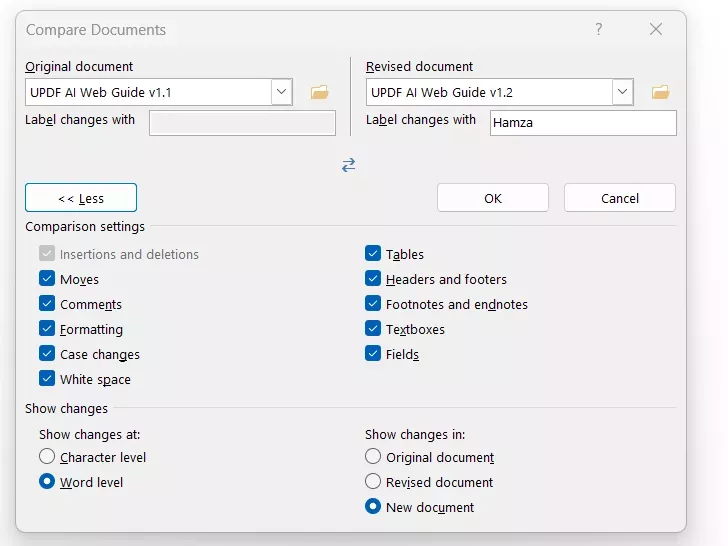 Word 內建「比較」功能