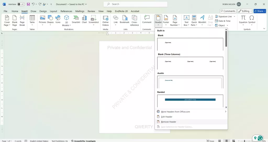 移除 Word 頁首與頁尾中的浮水印