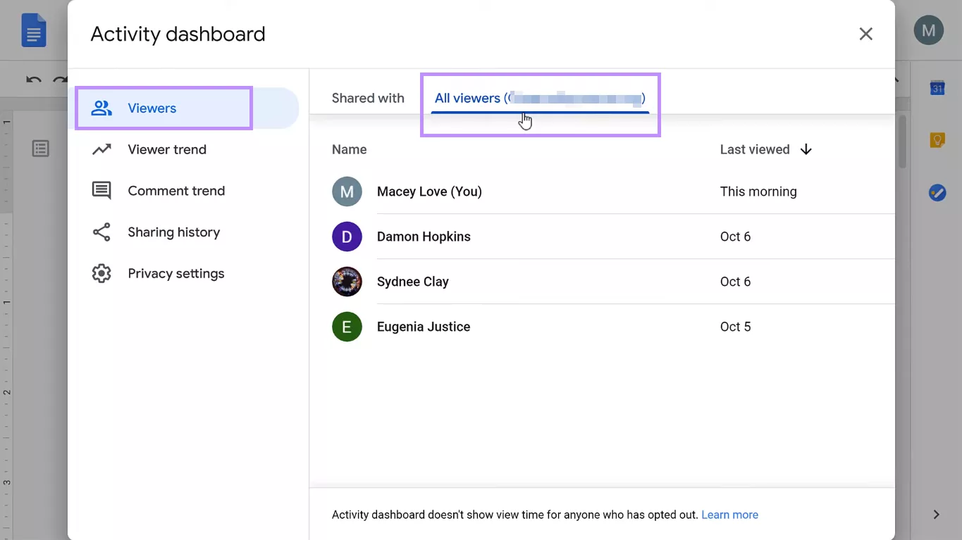 select all viewers under the viewers tab google docs