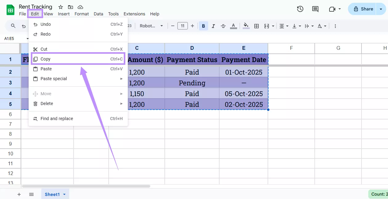 select copy under edit google sheet
