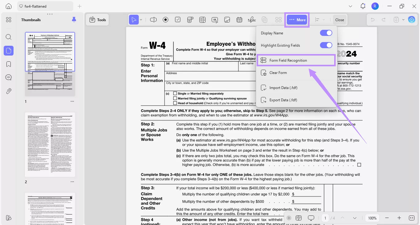select form field recognition under more updf windows