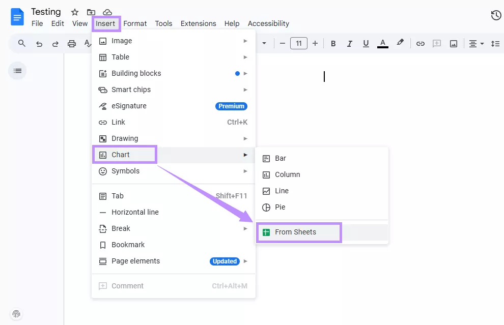 select from sheets under chart google docs