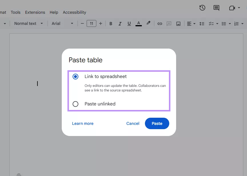 select how to paste the table google docs