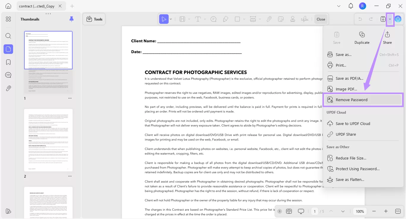 select remove password updf windows
