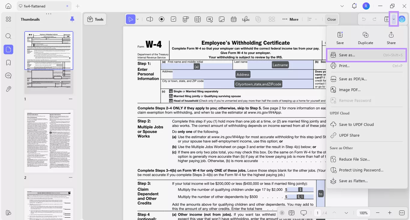 select save as to unflatten pdf updf windows