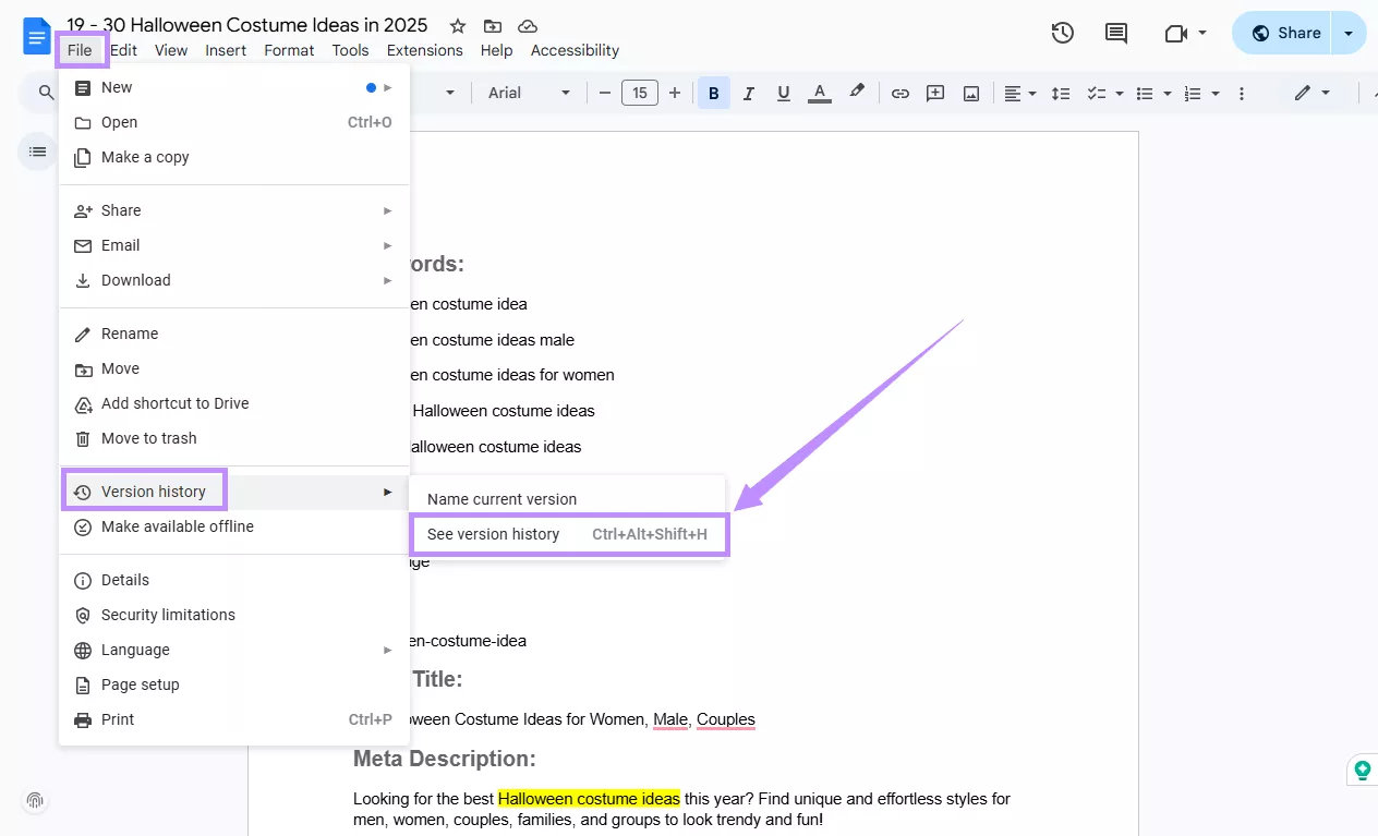 select see version history under the version history menu google docs