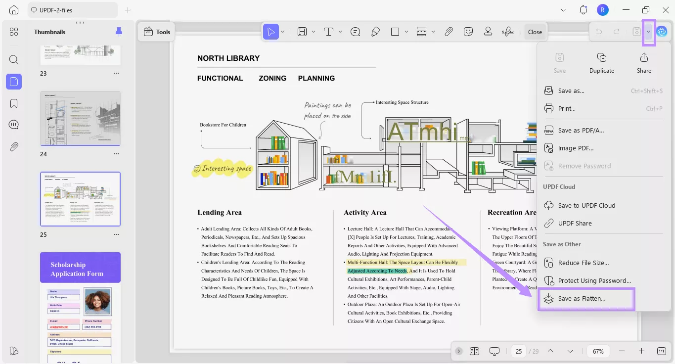 select the save as flatten option updf windows