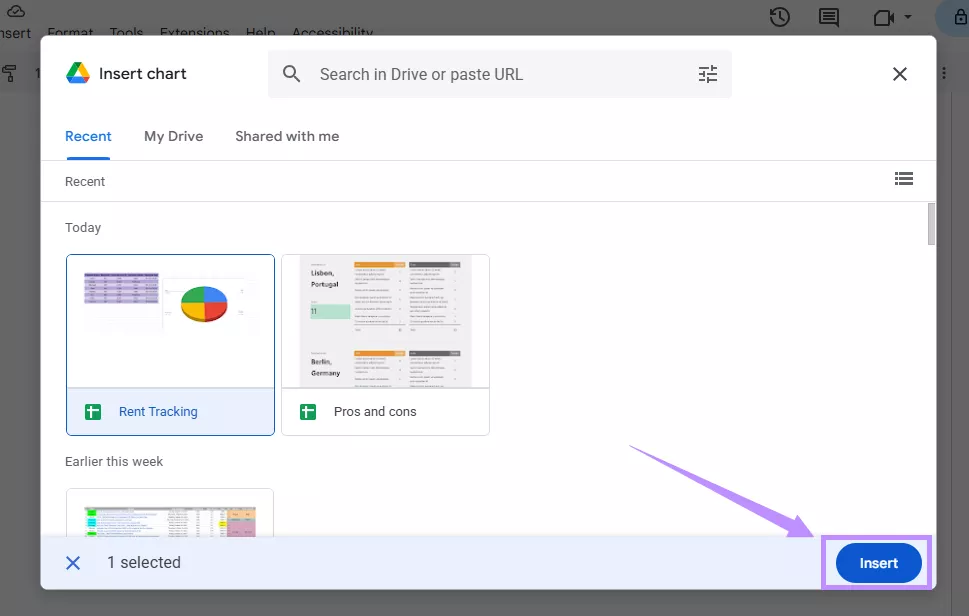 select the sheet and click insert google docs